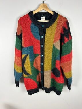 VINTAGE Mohair Oversized Cardigan Jacket Sz Small Colourful 90s Retro